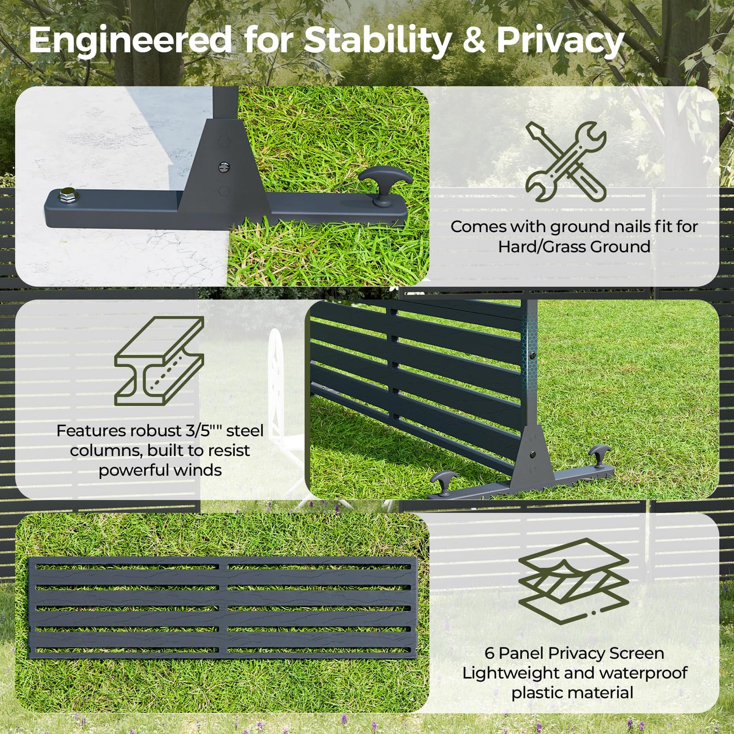 Diyfire Outdoor Privacy Screen 72" Decorative Fence Panel, Air Conditioner Fence, Freestanding Privacy Screens with Stand, Weather-Resistant Patio Divider Panel for Outside, Balcony, Pool, Black