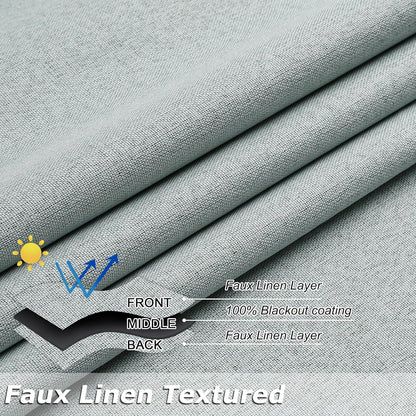 THOOO 100% Blackout Curtains - Natural Linen Textured Room Darkening Panels | 84 Inches Long, Sage Green