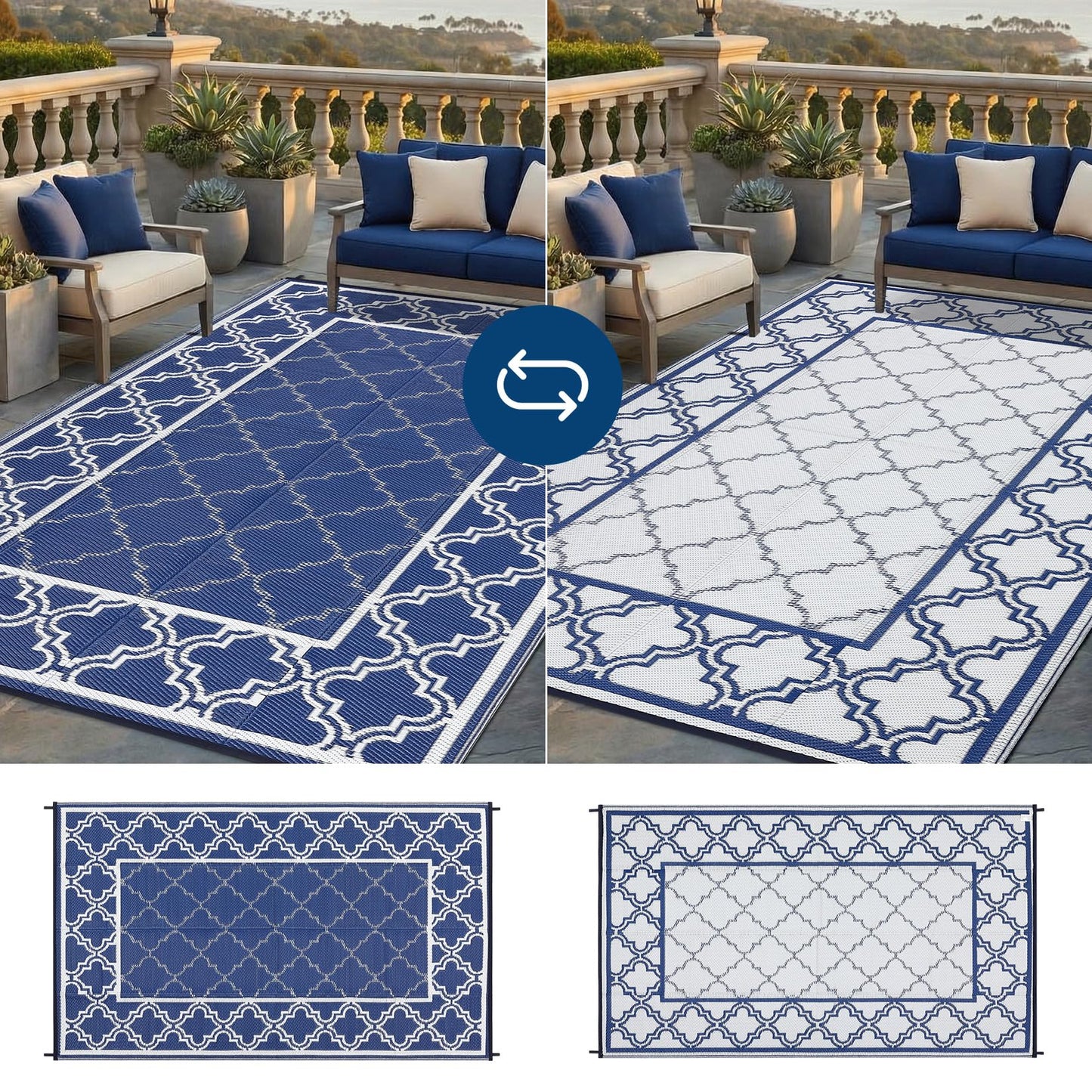 Garvee Reversible Outdoor Rug 10x14, Waterproof Outdoor Plastic Straw Rug with Interlacing Pattern, RV Mat for Picnics, Patio, Camping, Balcony, Deck, Backyard, Porch, Blue