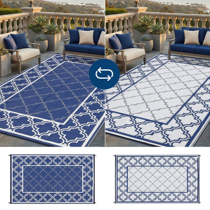Garvee Reversible Outdoor Rug 10x14, Waterproof Outdoor Plastic Straw Rug with Interlacing Pattern, RV Mat for Picnics, Patio, Camping, Balcony, Deck, Backyard, Porch, Blue