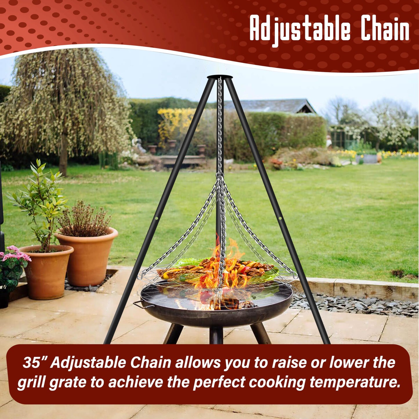 FEBTECH - 55-inch Steel Tripod Campfire Grill Set - Portable BBQ Grate with Stand for Outdoor Cooking Camping Fire Pit