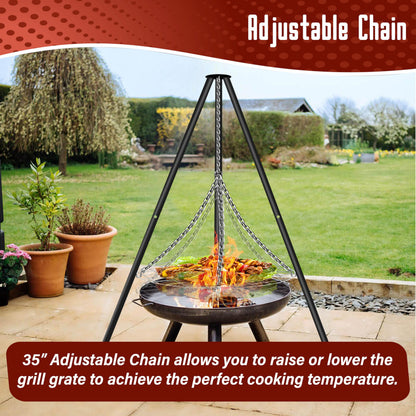 FEBTECH - 55-inch Steel Tripod Campfire Grill Set - Portable BBQ Grate with Stand for Outdoor Cooking Camping Fire Pit
