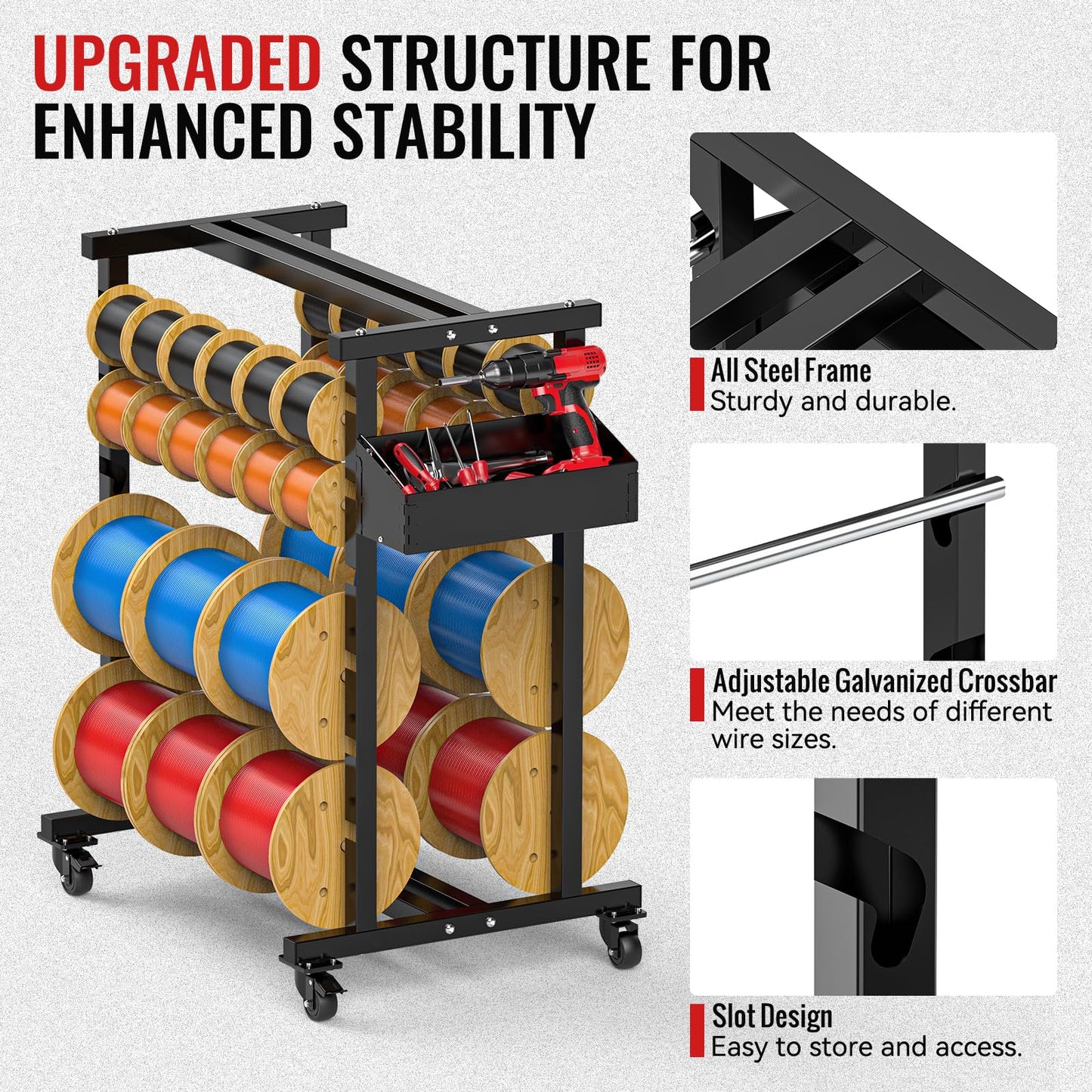 Upgraded Wire Spool Rack 8 Rod Cable Caddy Adjustable Wire Spool Holder with Locking Wheels 400 Lbs Capacity Cable Dispenser for Electrical and Industrial Use (Black)