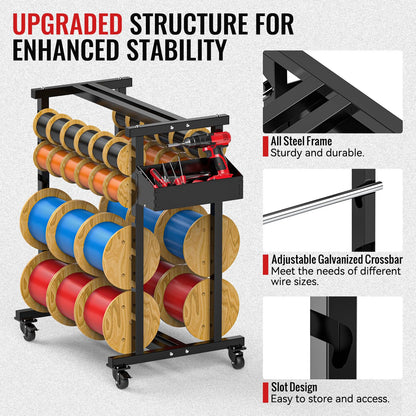 Upgraded Wire Spool Rack 8 Rod Cable Caddy Adjustable Wire Spool Holder with Locking Wheels 400 Lbs Capacity Cable Dispenser for Electrical and Industrial Use (Black)