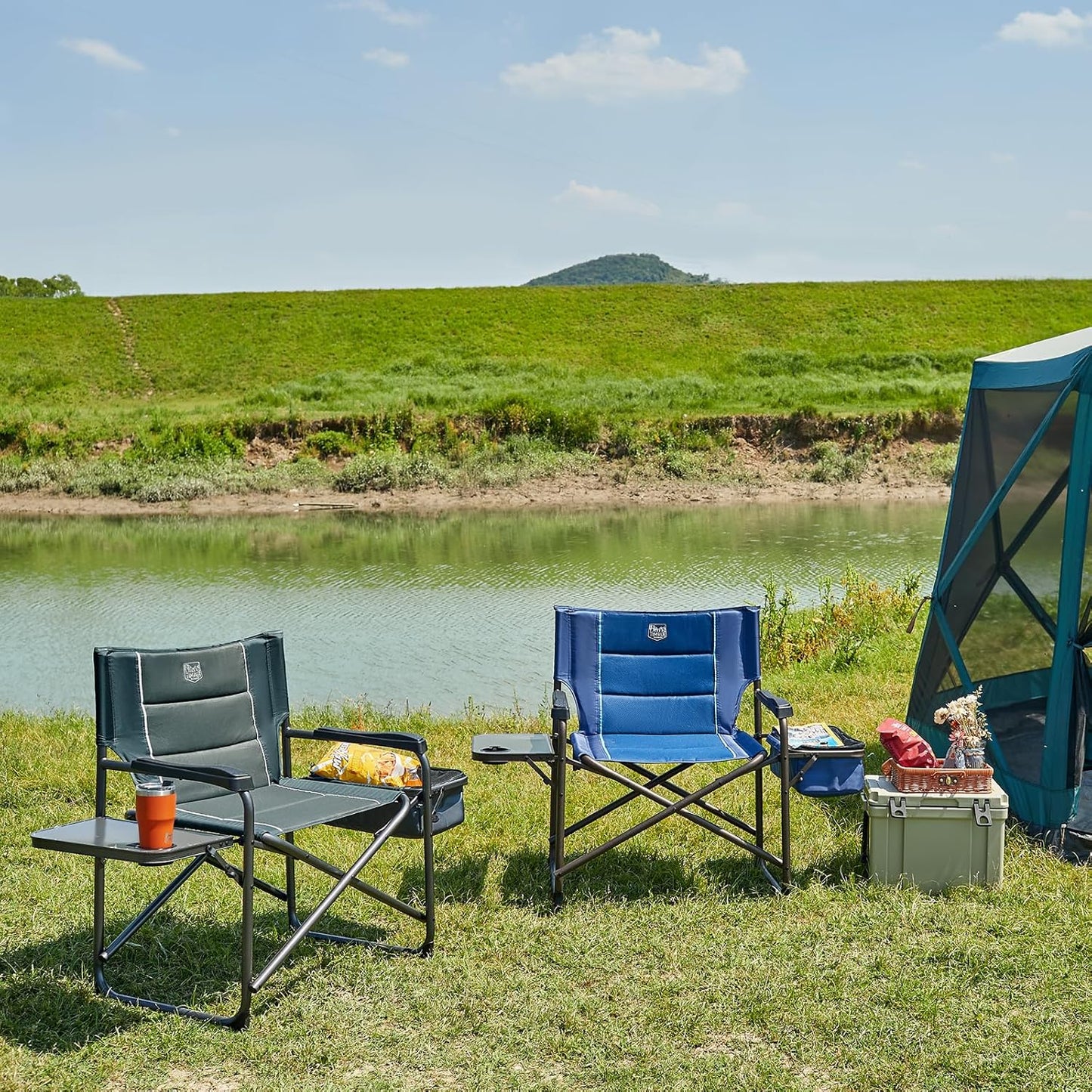 Timber Ridge XXL Oversized Directors Chair - Heavy Duty 600lbs Camping Chair with Cooler Bag & Table | Portable Grey Folding Chair for Tailgating & Outdoor Use
