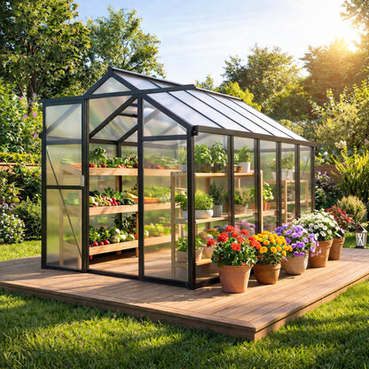 Garvee 6 X 8 Ft Greenhouse, Greenhouses for Outside, Polycarbonate Greenhouse with Aluminum Frame, Lockable Door and Ajustable Roof Vent for Backyard, Green Houses for Outside Garden Backyard, Patio