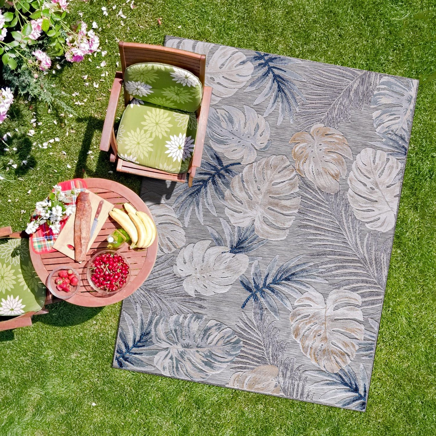 CAMILSON Indoor Outdoor Rug, Blue 7’10”x10’ Leaf Tropical Botanical Area Rugs for Indoor and Outdoor patios, Easy-Cleaning Non-Shedding Living Room, Garden and Kitchen Washable Outside Carpet (8x10)