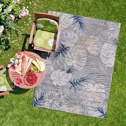 CAMILSON Indoor Outdoor Rug, Blue 7’10”x10’ Leaf Tropical Botanical Area Rugs for Indoor and Outdoor patios, Easy-Cleaning Non-Shedding Living Room, Garden and Kitchen Washable Outside Carpet (8x10)