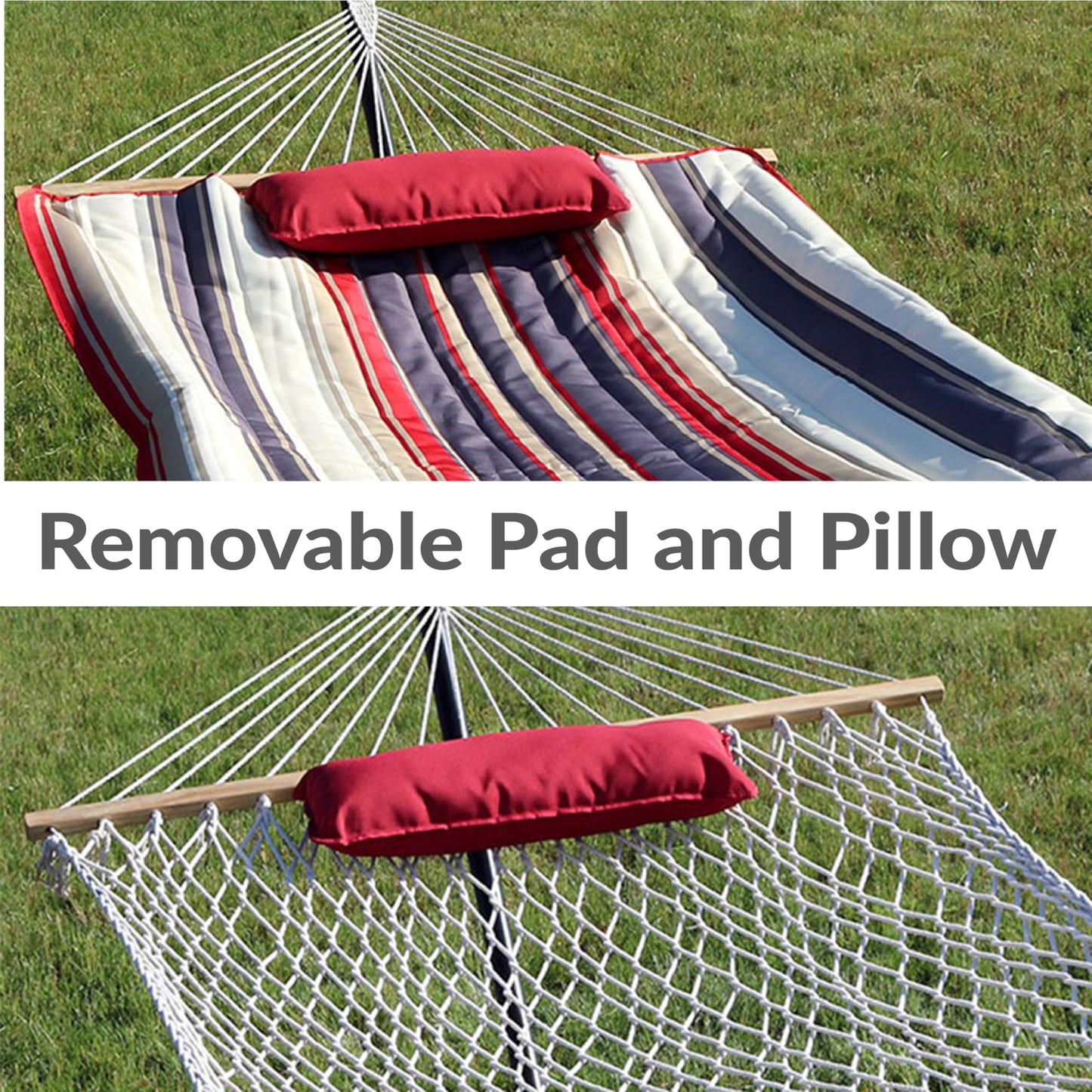 Sunnydaze Rope Hammock with Stand for Outside - Heavy Duty Freestanding Portable Outdoor Hammock Set with Quilted Pad, Pillow, and 12-Foot Steel Frame - 275 lb Capacity - Modern Lines