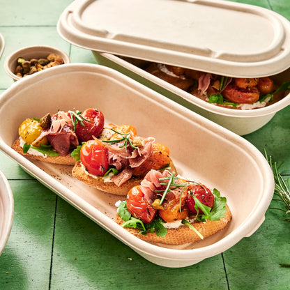 SugaWrap Disposable 28oz Oval Food Containers with Lids - Eco-Friendly Biodegradable Bamboo & Sugarcane, Sturdy & Leak Resistant, Freezer & Microwave Safe for Hot & Cold [400 Bowls + 400 Lids]