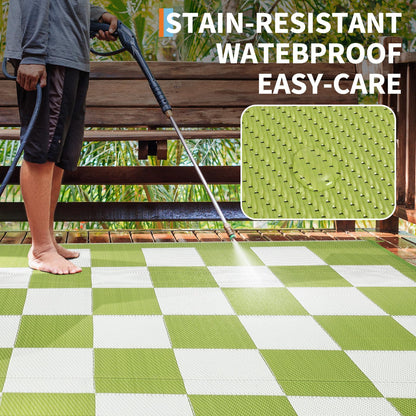 Garvee Outdoor Plastic Straw Rug 9x18 Waterproof UV Resistant Patio Camping Rug Modern Checkered Large Foldable Floor Mat for Camping, Picnic, Backyard, RV, Beach, Picnic, Deck, Green/White