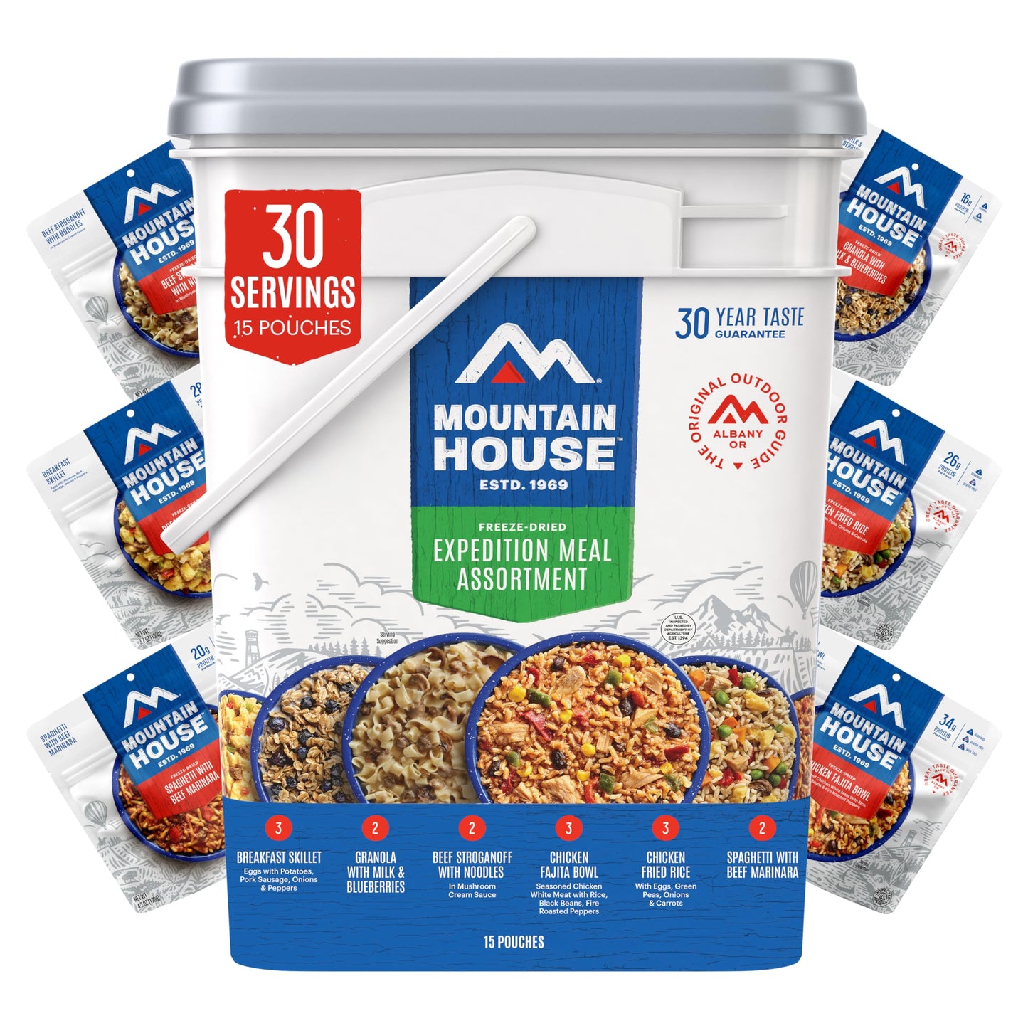 Mountain House Expedition Meal Assortment Bucket Freeze Dried Backpacking & Camping Food 30 Servings