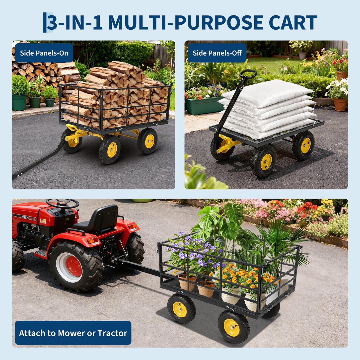 1500 lbs Steel Garden Cart, Folding Utility Wagon with Removable Sides, Garden Wagon Cart on Wheels, Dump Wagon with 13 in Tires180° and Swivel Handle, Yellow