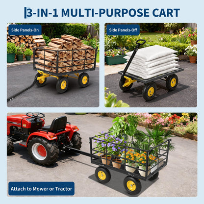 1500 lbs Steel Garden Cart, Folding Utility Wagon with Removable Sides, Garden Wagon Cart on Wheels, Dump Wagon with 13 in Tires180° and Swivel Handle, Yellow