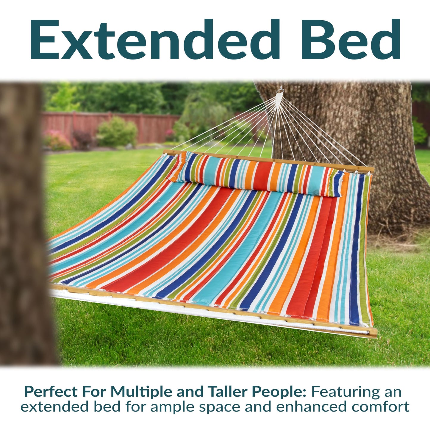 Sunnydaze Extra Large Quilted Hammock with Spreader Bars - 2-Person Hammock for Outside - Caribbean Stripe