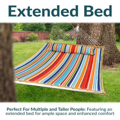Sunnydaze Extra Large Quilted Hammock with Spreader Bars - 2-Person Hammock for Outside - Caribbean Stripe