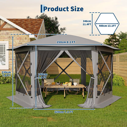 GarveeLife 13x13FT 6-Sided Pop Up Gazebo Tent，One-Push Setup Canopy Tent with Removable Canopy Top & Wind Cloths, Outdoor shelter for Camping, Backyard Parties, Outdoor Events - Grey