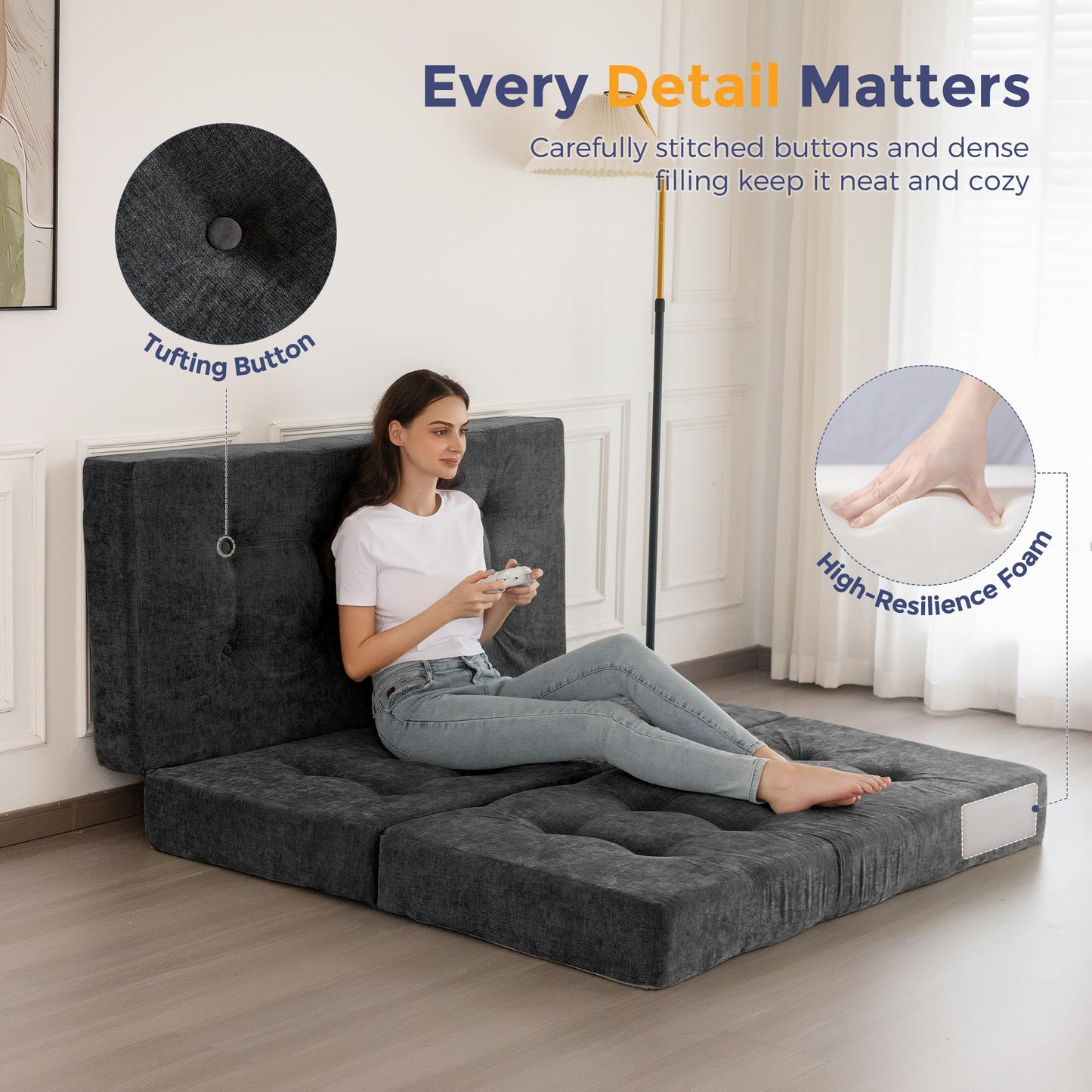 MAXYOYO 6" Folding Sofa Bed for Floor, Tufted Tri-Fold Floor Couch Bed with Chenille Fabric, Twin Size Portable Sofa Couch Guest Mat for Adults, Foldable Topper for Camping, Dark Grey, 35.4"x75"