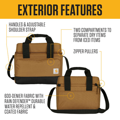 Carhartt Insulated Two Compartment Cooler, Durable Water Repellent Material W/Front Zippered Pocket for Camping, Beach & Travel, 24 Can, Black