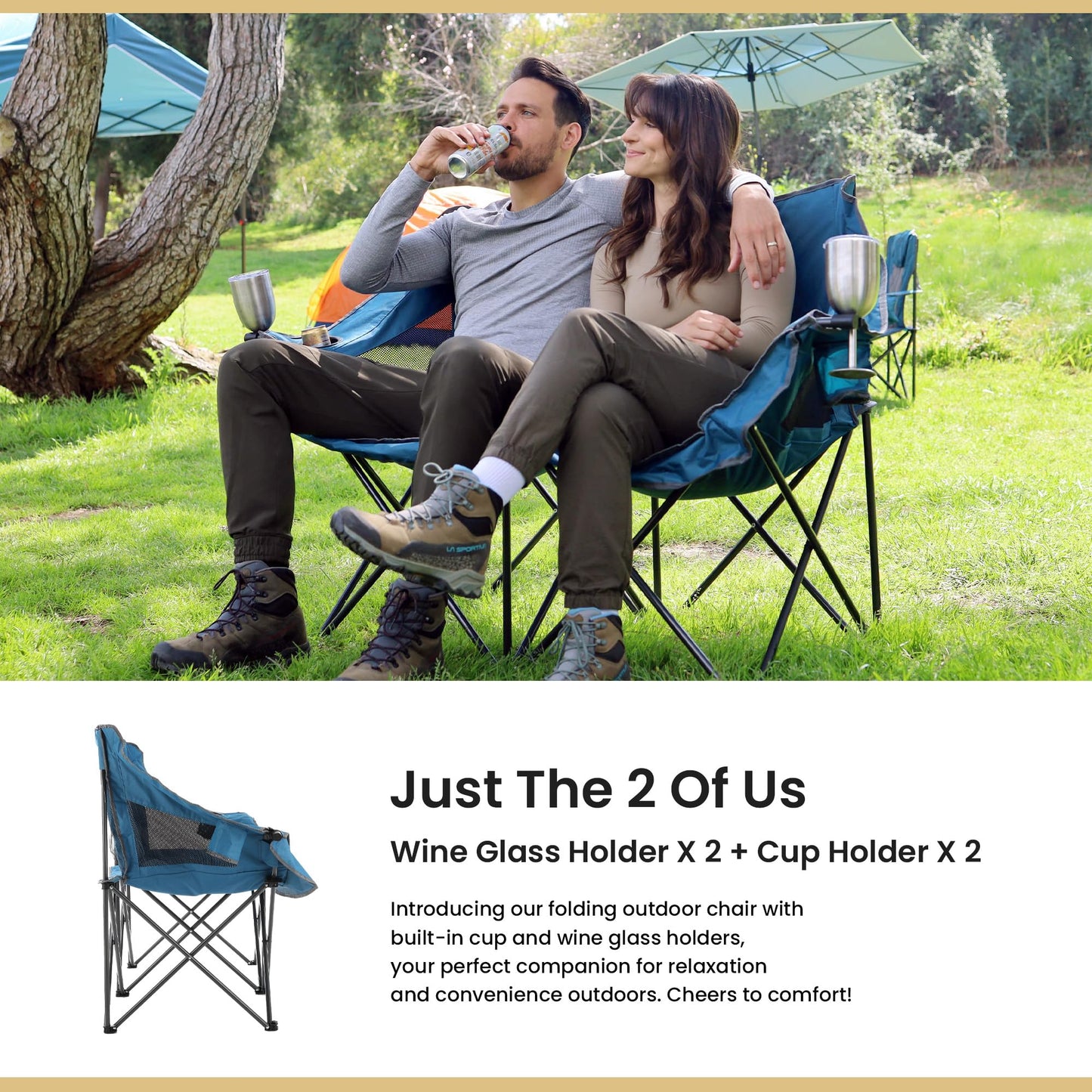 ARROWHEAD OUTDOOR 2-Pack Portable Folding Double Duo Camping Chair Loveseat w/ 2 Cup & Wine Glass Holder, Carrying Bag, Supports up to 650lbs