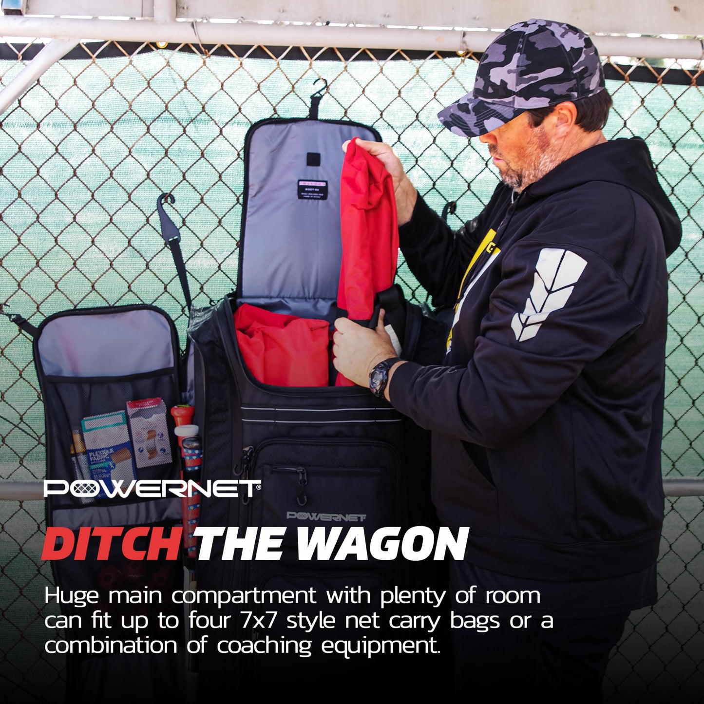 PowerNet All Gear Transporter Baseball Travel Bag, Rolling Duffle with Wheels & Handle for Baseball Accessories, Catchers Gear & Bats, Main Pocket Fits Four 7x7 Nets