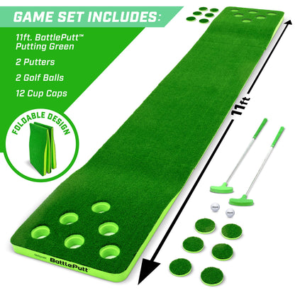 GoSports BattlePutt Golf Putting Game Set - 11 ft Backyard Putting Green Pong Style Golf Mat with 2 Putters, 2 Balls and 12 Hole Covers - Great Golfer Gift