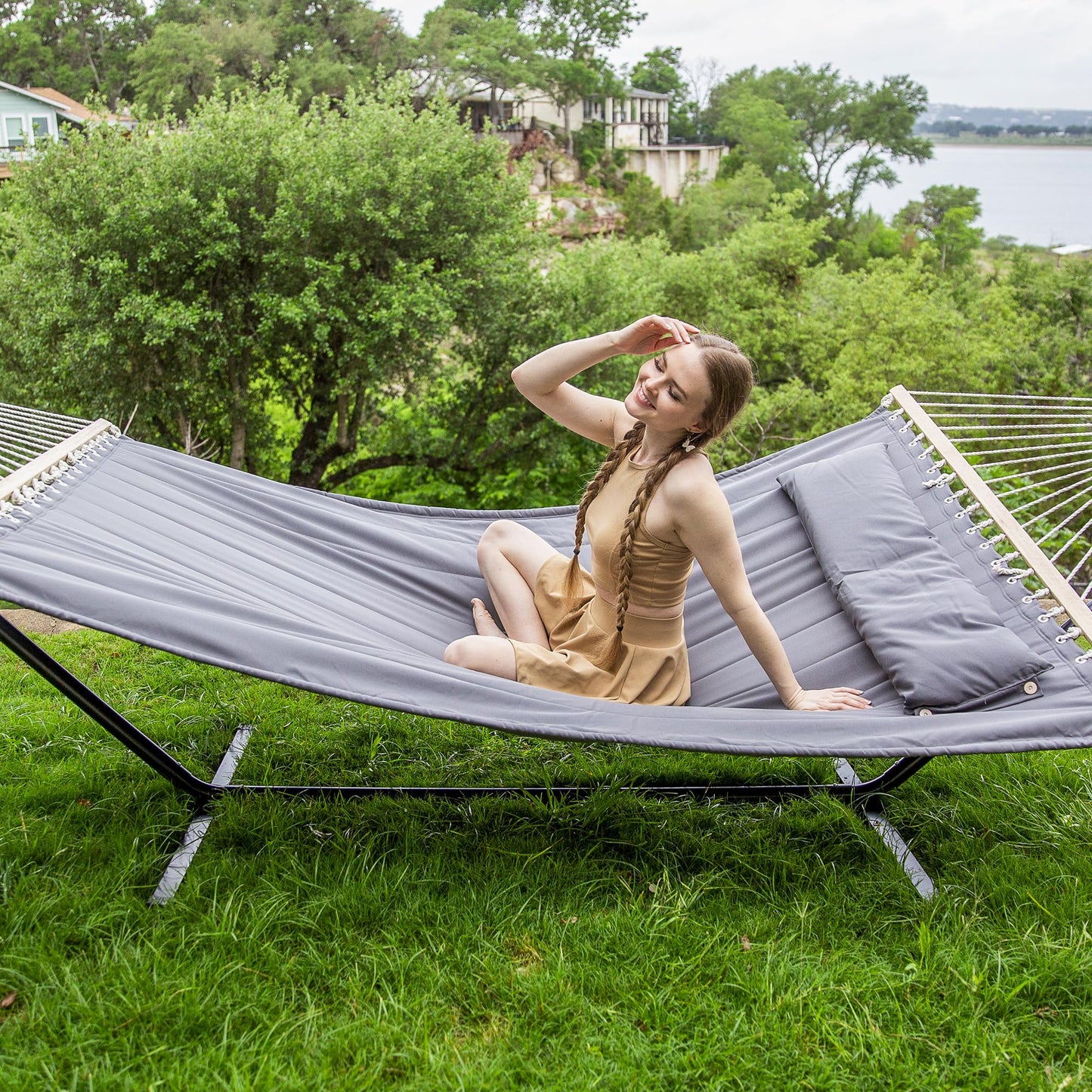 SUNCREAT 2 Person Hammock with Stand, Heavy Duty Portable Hammocks, 475 lbs Capacity, Dark Grey