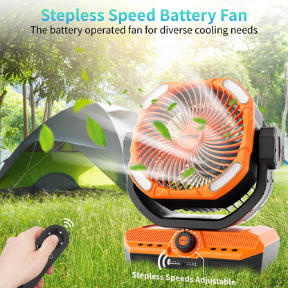 WESTTREE Battery Powered Fan Powerful Airflow Battery Operated Air Circulator Fan for Bedroom,Quiet & 360°Auto Oscillating Rechargeable Camping Fans with LED Light (RGBW) X66 Orange