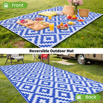 Smiry Waterproof Outdoor Rug 10X14 ft, Reversible Plastic Straw Patio Camping Rugs, Outdoor Indoor RV Mat Carpet for Patio, Outside Entry, Backyard, Deck, Bench, Picnic, Camper, White & Blue