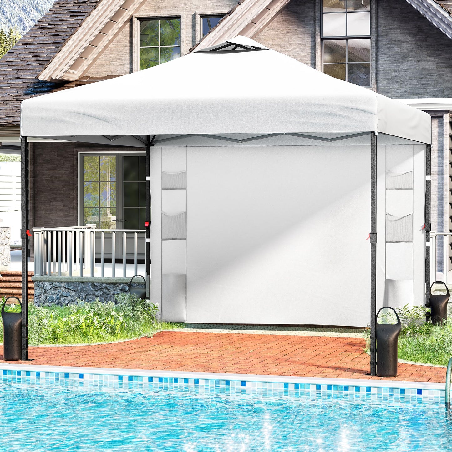 Tunbne 10'x10' Pop Up Canopy Tent with 1 Sidewall and 6 Pockets, One Push Setup, Instant Shade Tent with Vented Roof for Beach Patio Outdoor, Case, 8 Stakes, 4 Ropes, 4 Sandbags (White)