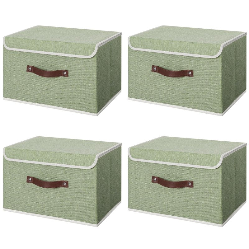 ANMINY 4PCS Storage Bins with Lid PU Leather Handles Storage Boxes PP Plastic Board Decorative Foldable Lidded Cotton Linen Fabric Home Cubes Baskets Closet Organizer Containers - Green, Large Size