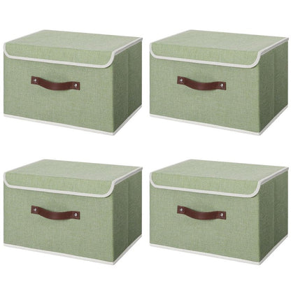 ANMINY 4PCS Storage Bins with Lid PU Leather Handles Storage Boxes PP Plastic Board Decorative Foldable Lidded Cotton Linen Fabric Home Cubes Baskets Closet Organizer Containers - Green, Large Size