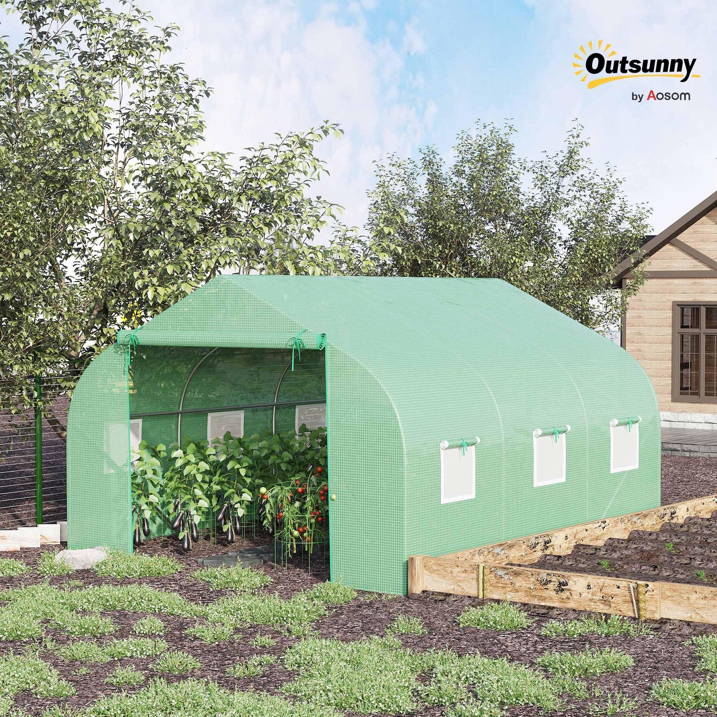 Outsunny 11.5' x 10' x 6.5' Outdoor Walk-in Greenhouse, Tunnel Green House with Roll-up Windows, Zippered Door, PE Cover, Heavy Duty Steel Frame, Green