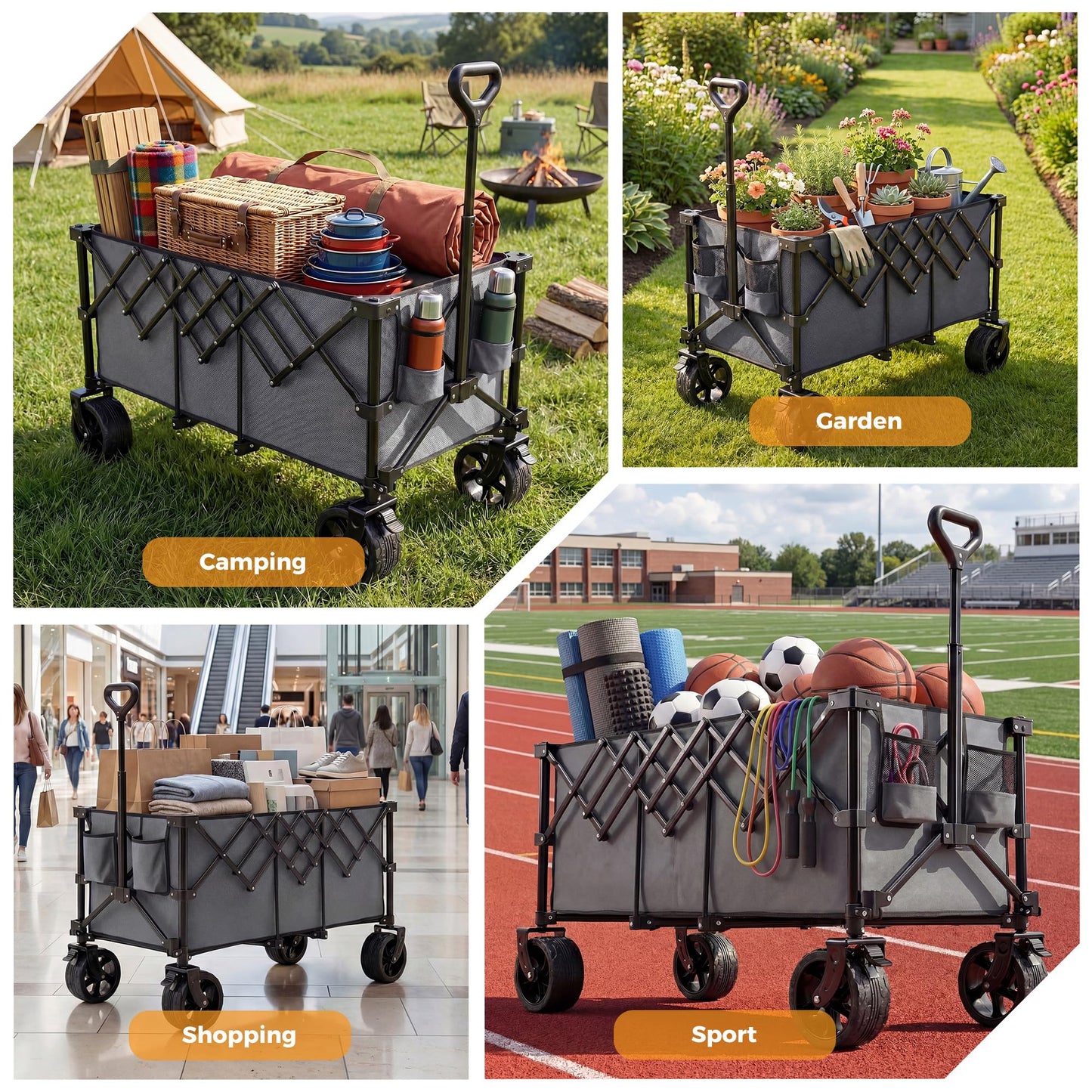 OLIXIS 49" L Collapsible Wagon Cart - 440lbs Foldable Extra Long Heavy Duty Utility Wagon with Wheels, Portable Storage Grocery Cart for Camping, Shopping, Sports, Beach, Garden-Grey