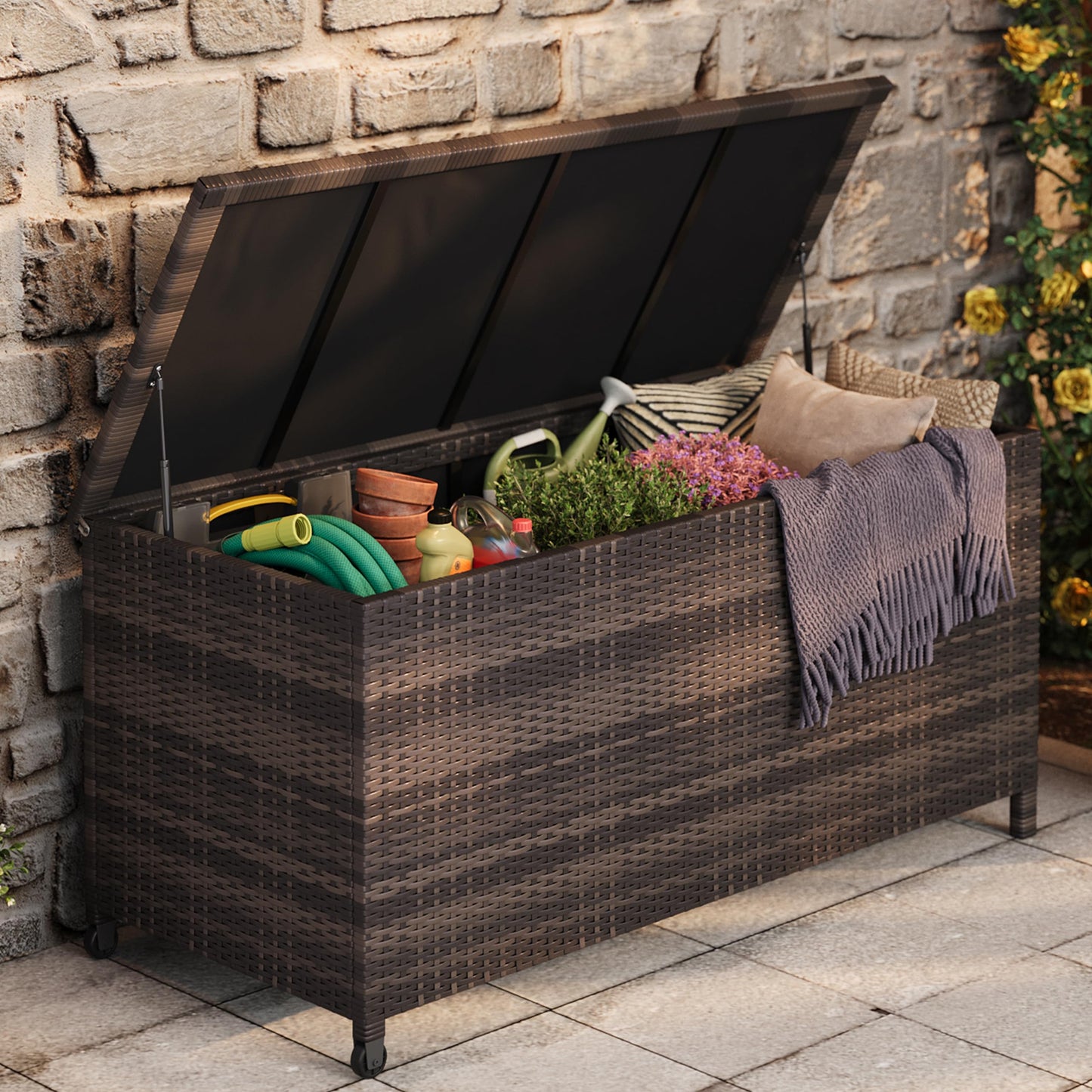 125 Gallon Large Deck Box Waterproof PE Rattan Outdoor Storage Box with Handles and Wheels, Storage Bin for Garden, Balcony, Porch, Pool, Yard