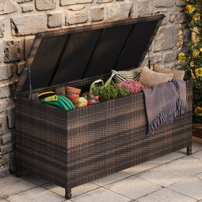 125 Gallon Large Deck Box Waterproof PE Rattan Outdoor Storage Box with Handles and Wheels, Storage Bin for Garden, Balcony, Porch, Pool, Yard