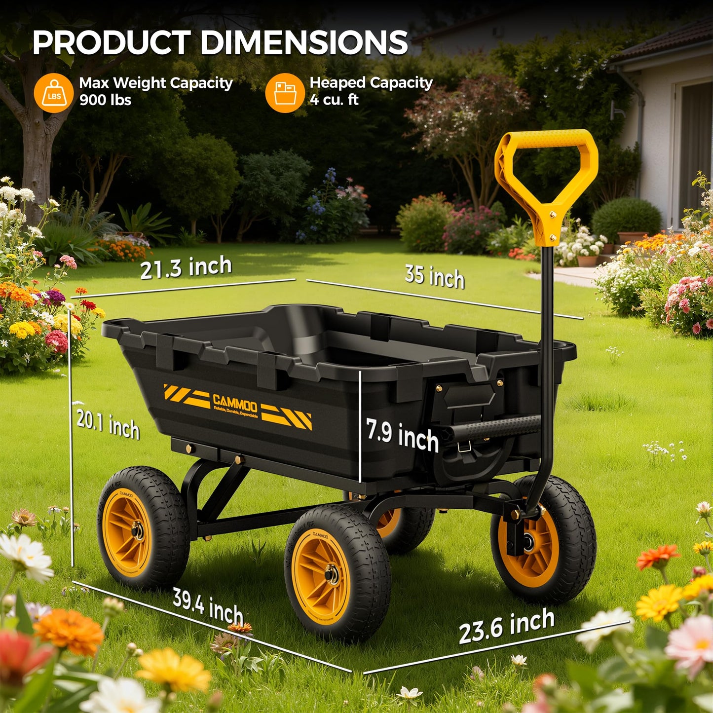 CAMMOO 10in NO-FLAT TIRES 900lb Heavy-Duty Garden Dump Cart DIY Expandable Capacity Over 4 Cu.Ft. Utility Wagon with Quick-Release Dumping & Prime Grade 100% Virgin Polypropylene-Not Recycled Material