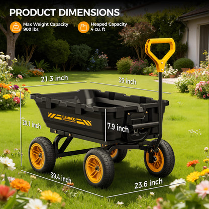 CAMMOO 10in NO-FLAT TIRES 900lb Heavy-Duty Garden Dump Cart DIY Expandable Capacity Over 4 Cu.Ft. Utility Wagon with Quick-Release Dumping & Prime Grade 100% Virgin Polypropylene-Not Recycled Material