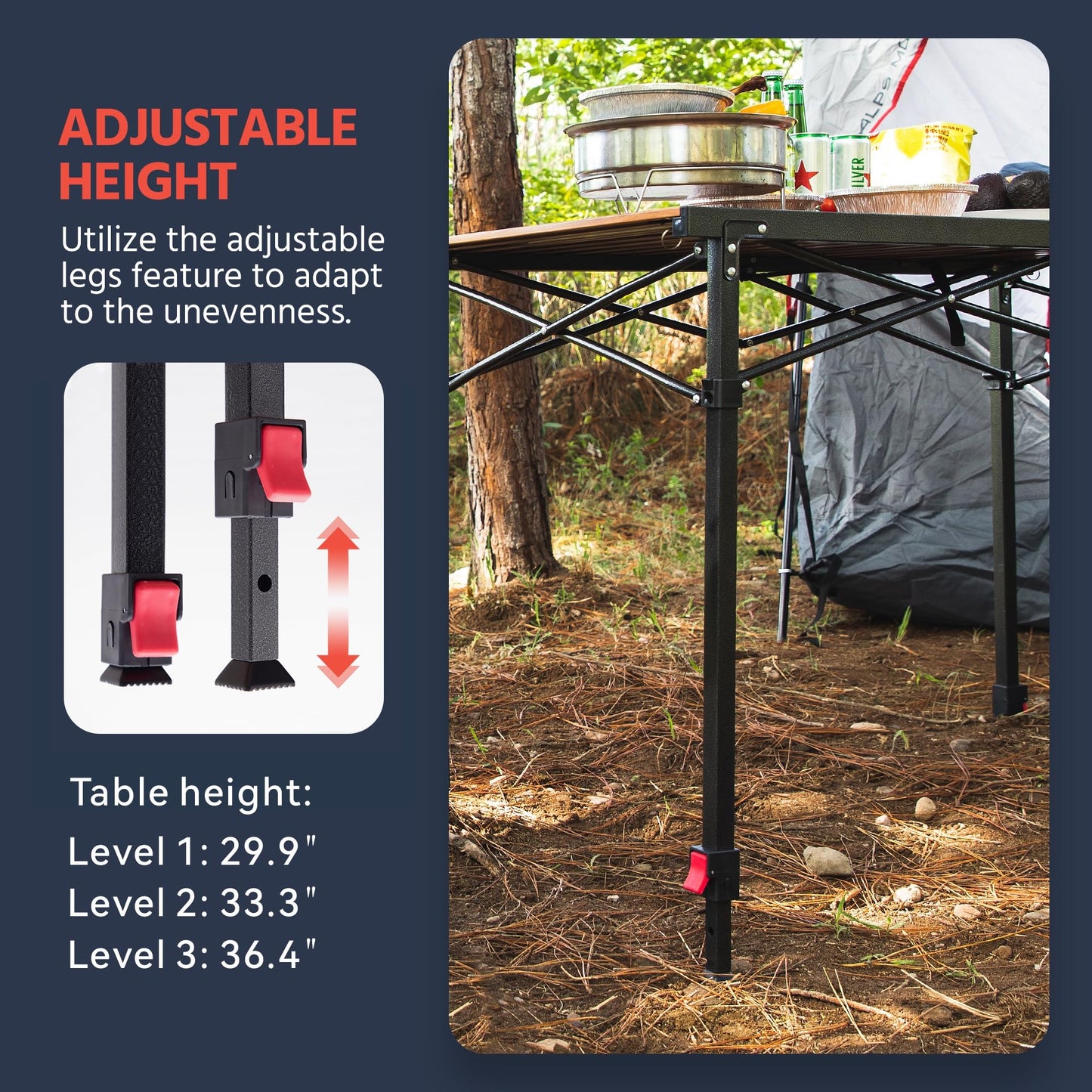 OUTSIDER Camping Table Foldable – Adjustable Height, Heat-Resistant Metal for Outdoor Table,Portable Roll-up Aluminum Camp Table with Carry Bag for 2-6 Person BBQ, Travel,Picnic,Lawn, Loads 110 Lbs
