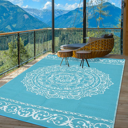 GlowSol Outdoor Rug 9x18 ft, Reversible Waterproof Outdoor Plastic Straw Rug, Oriental Medallion Patio Rug, Large Outdoor Carpet, RV Mat Outside for Patio, Camp, Picnic, Balcony, Deck, Backyard,Blue