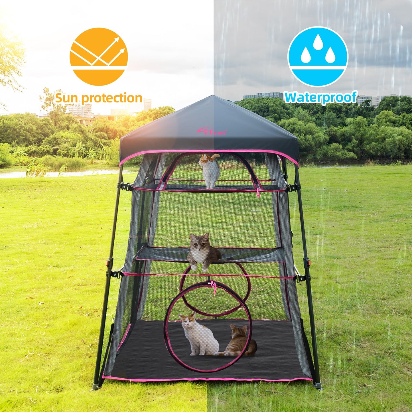 Pop Up Catio Cat Enclosure for Indoor and Outdoor with Waterproof Bottom,3 Tier Spacious Cat Tower Tent,Portable Outdoor Cat Tent for Patio,Balcony, Deck & Camping Weatherproof & Sunproof-Rose
