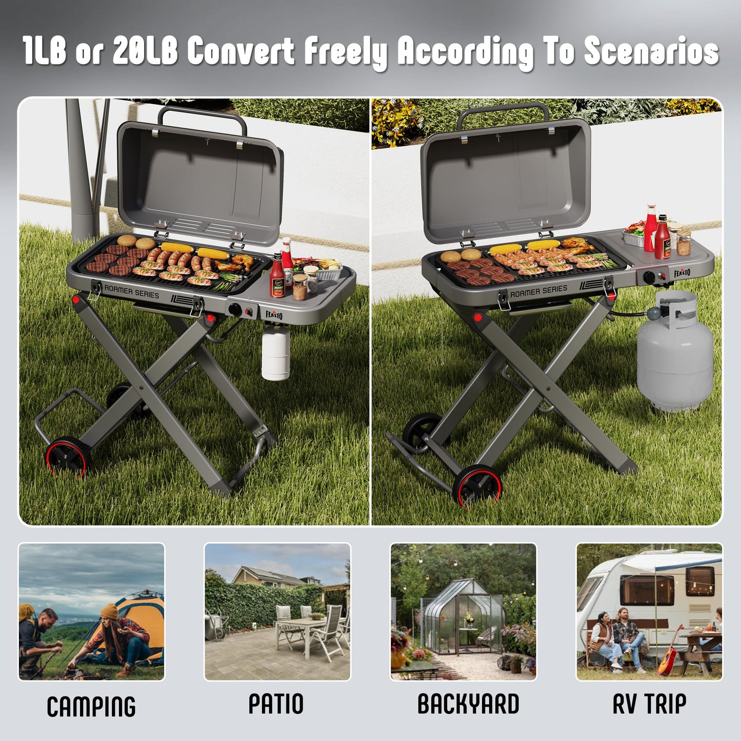 FEASTO Portable Propane Gas Grill 13000 BTUs, 360 Sq. In. Cooking Area with Folding Cart & 4FT Propane Adapter Hose (1lb to 20lb Converter) Bundle for Outdoor BBQ & Camping