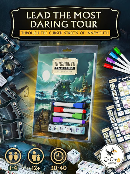CrowD Games | Innsmouth Travel Guide | 1-4 Players | Ages 14 and up | Roll and Write | Tourism | Route Building | Lovecraft | Solo Mode Included | Average Playtime 30 min