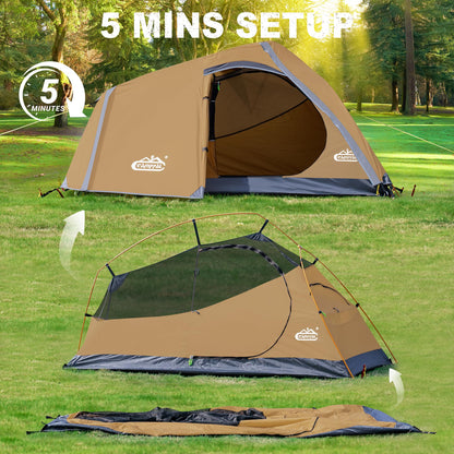 1 Person Backpacking Tent Waterproof Windproof Single Person Tent Lighweight Compact One Person Tent Easy Setup for Camping, Hiking, Mountaineering, Cycling, Biking - Khaki