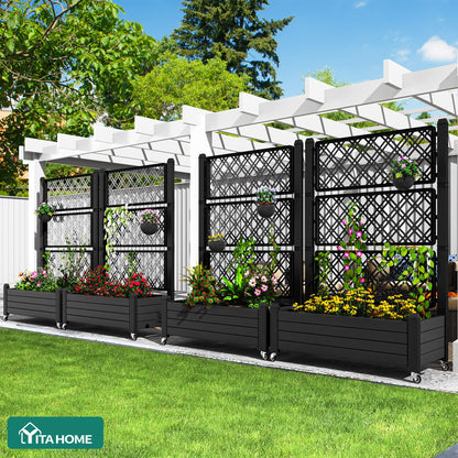 YITAHOME 3.6x1.5x5 FT Planter Box Trellis with Wheels, Large Outdoor Plastic Raised Garden Bed with Drain Plug for Climbing Plants, Black