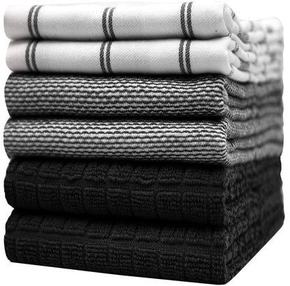 Premium Kitchen Towels (20”x 28”, 6 Pack) | Large Cotton Dish Towels | Flat & Terry Highly Absorbent Kitchen Linen Set with Hanging Loop | Black Check