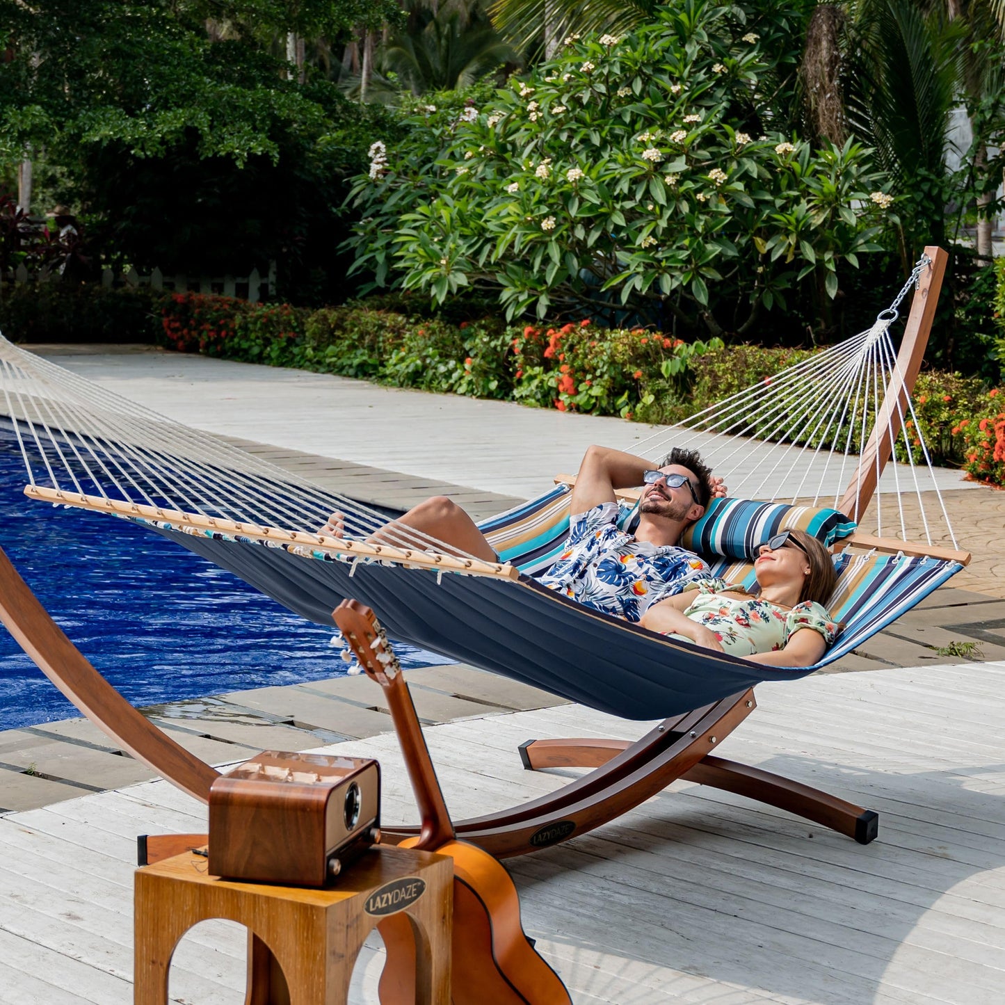 Lazy Daze Hammocks 10.5FT 2 Person Double Quilted Fabric Hammock with Spreader Bar, Detachable Pillow, Side Pocket, Carabiners, Chains, Straps for Outdoor, 450lbs Capacity, Beach Stripes