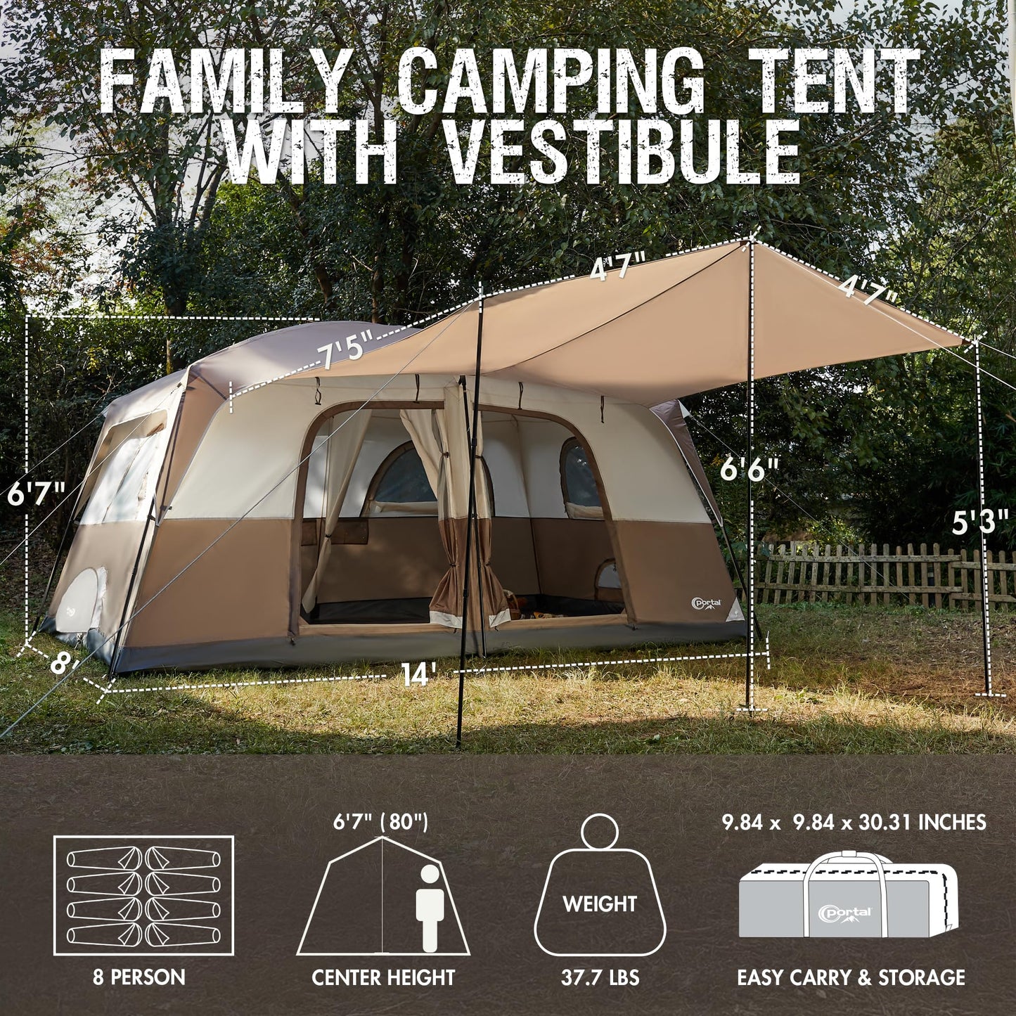 Portal 8 Person Tents for Camping, Easy Setup Cabin Tent with Large Porch, 2 Room, Waterproof Family Camping Tent for Outdoor Camping, Patio