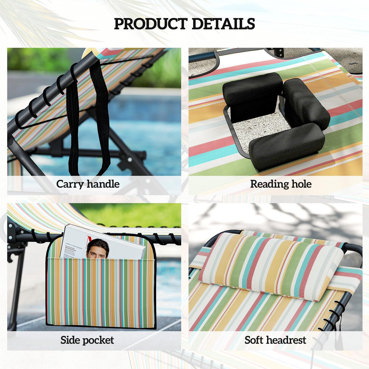 Outsunny 2 Piece Folding Chaise Lounge with 5-Level Reclining Back, Tanning Chair with Face Hole, Outdoor Lounge Chair with Side Pocket & Headrest for Beach, Yard, Patio, Rainbow Striped