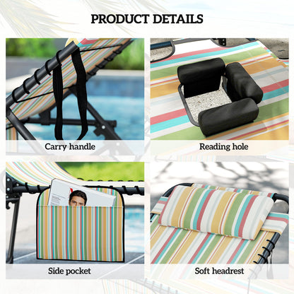 Outsunny 2 Piece Folding Chaise Lounge with 5-Level Reclining Back, Tanning Chair with Face Hole, Outdoor Lounge Chair with Side Pocket & Headrest for Beach, Yard, Patio, Rainbow Striped
